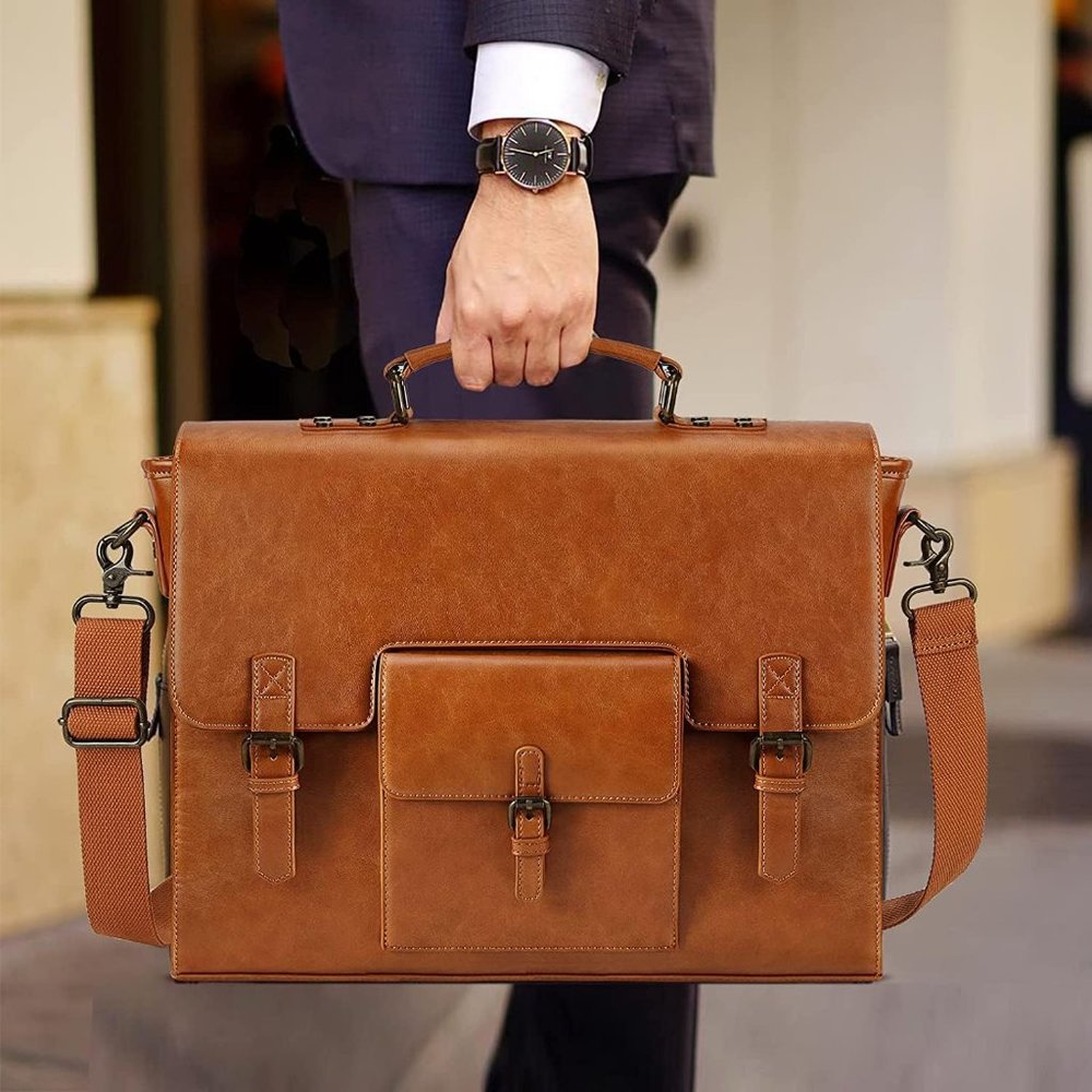 Men's Brown Leather Water repellent Messenger Bag 16.14"L